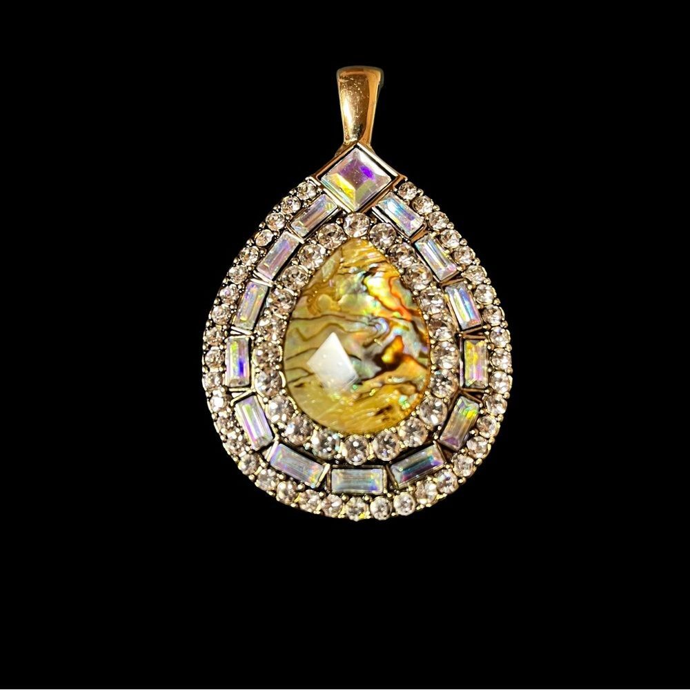 Premier Designs Mesmerized Pendant Baguette Rhinestone Abalone Shell Gold Tone